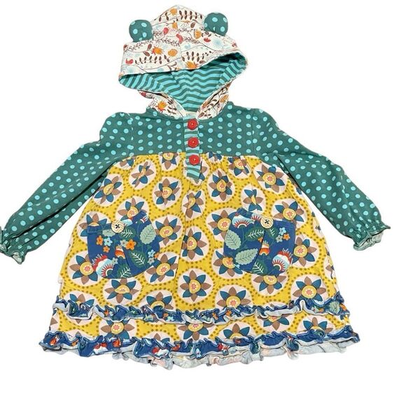 Matilda Jane Baby Bear Hoodie Dress Floral Polkadot Ruffle Size 12-18 Months - Picture 1 of 12